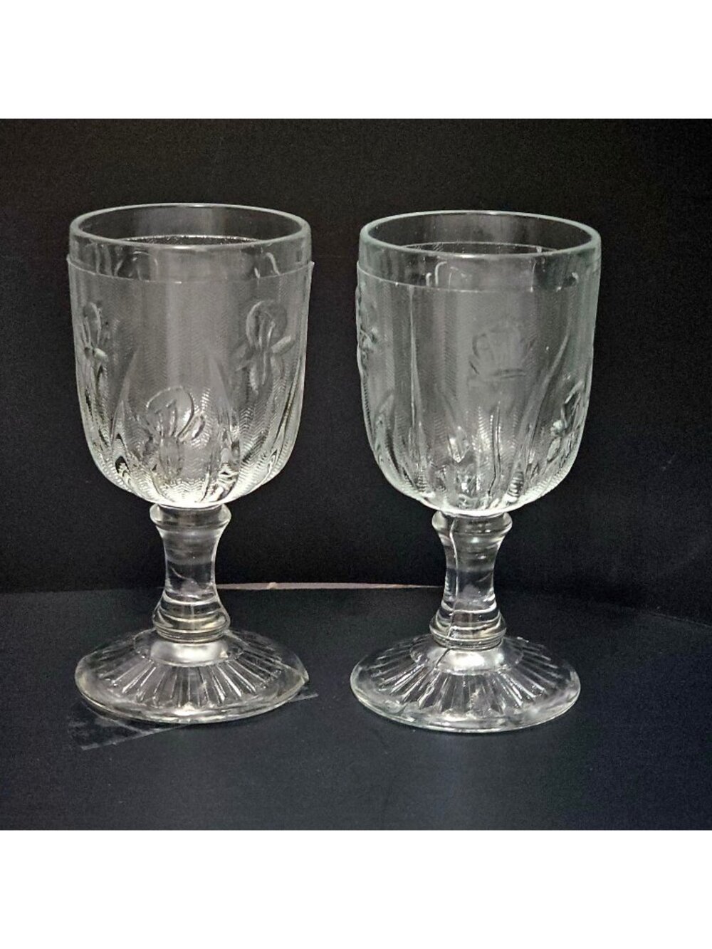 2 Jeanette Iris Port Wine Glasses 3oz Depression glass 1930s floral textured